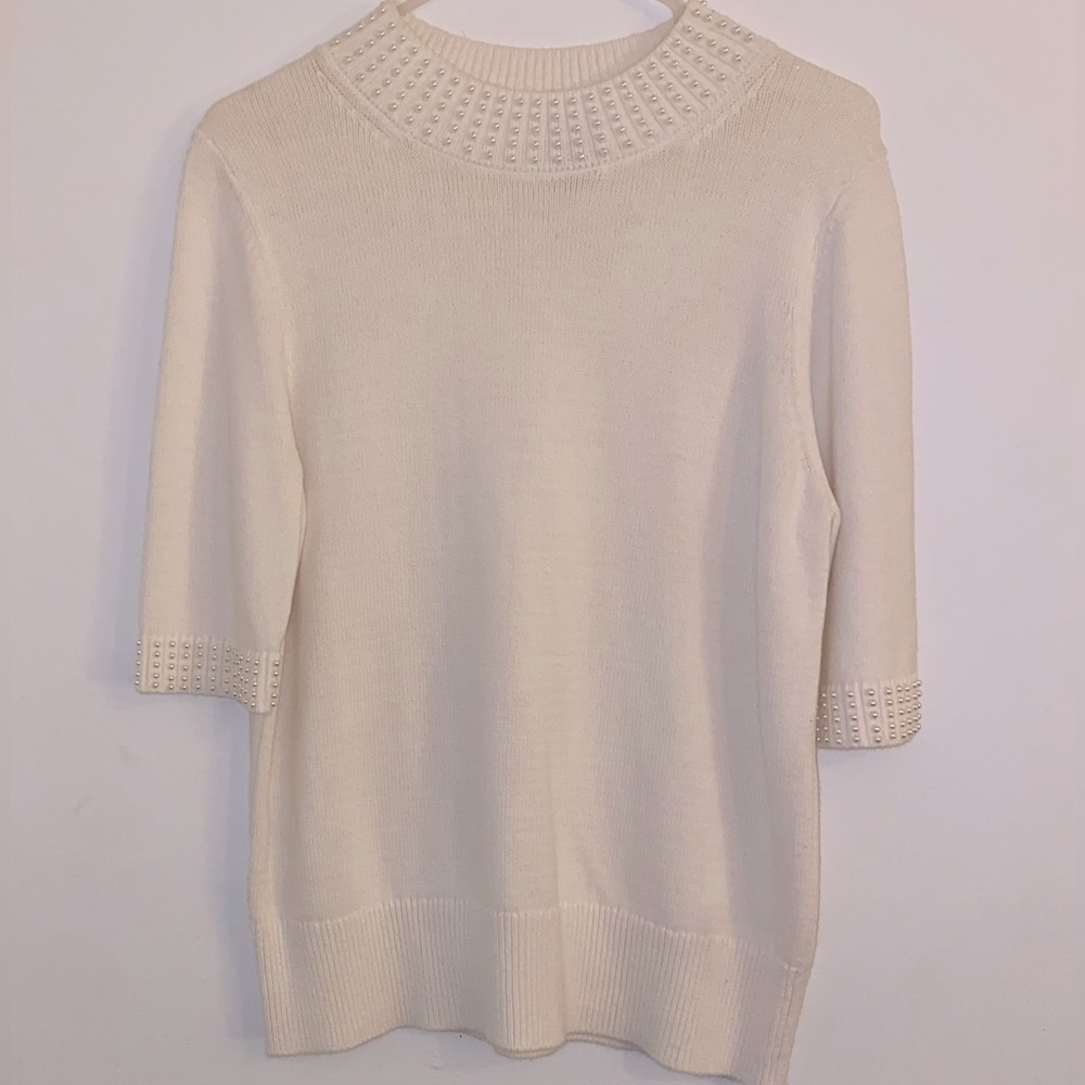Ann Taylor Pearl Mock Neck Short Sleeve Top Womens Size Large